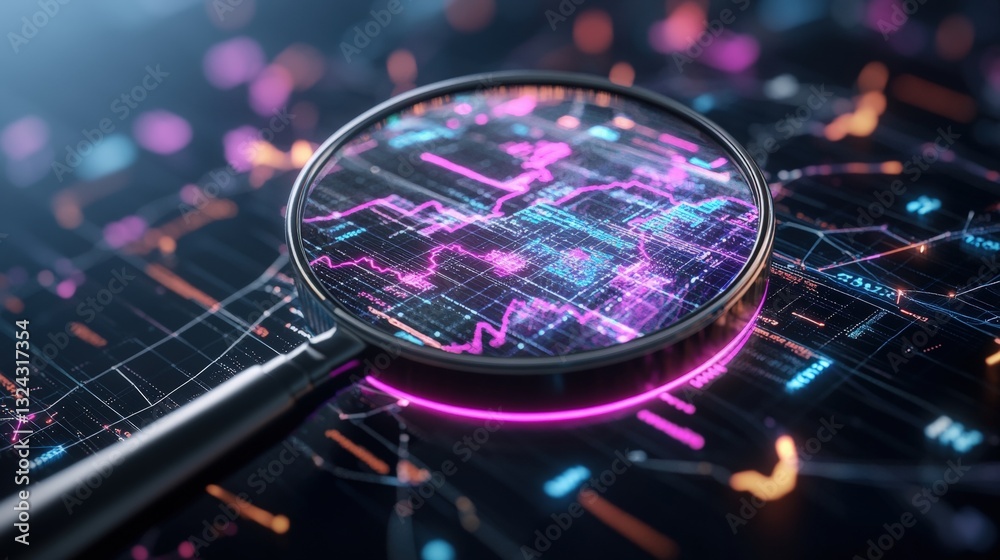 Poster magnifying glass with digital map in background representing data analysis and geographical research