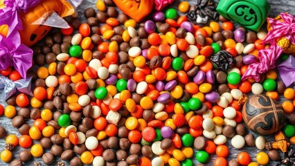 Fototapeta premium A colorful arrangement of Halloween candies and chocolates on a table, colorful candy, chocolate, table arrangement