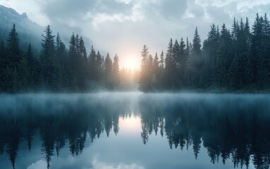 Fototapeta premium Of a Mysterious foggy lake surrounded by dense pine trees, with the reflection of the rising sun shimmering on the water