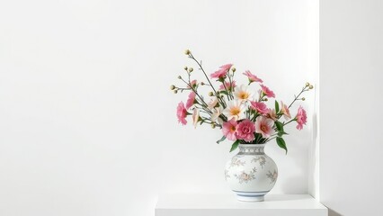 A delicate porcelain vase filled with fresh flowers on a plain white wall in an elegant corner, refined elegance,