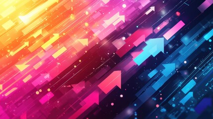 Obraz premium Colorful abstract arrows representing growth and progress in digital landscape, showcasing vibrant hues of pink, blue, and yellow, creating dynamic visual experience