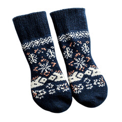 A Pair of Thick Wool Socks in Navy Blue with Snowflakes Isolated on Transparent Background