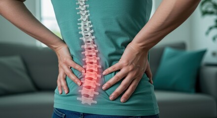 Obraz premium Woman with back pain, highlighted spine showing injury. Healthcare concept for spinal problems, backache, and medical treatment.