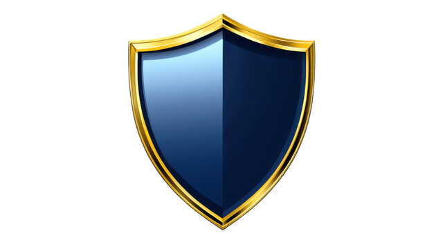 A Sleek blue shield icon with a golden outlin isolated on white background