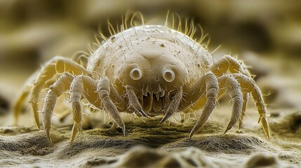 Electron microscope view of a dust mite, capturing its segmented body and fine hair-like structures in sharp detail