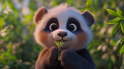 Fototapeta premium Cute cartoon panda eating leaf in forest. Possible use Children's book illustration