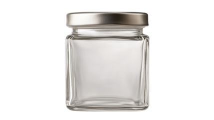 A square glass jar with a metal lid featuring isolated on white background