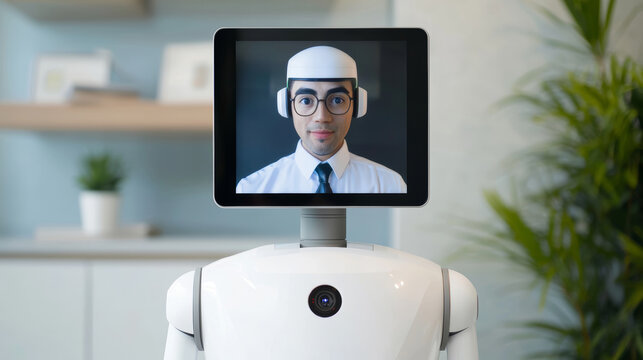 Telepresence robot displaying man on screen, ready for meeting - Powered by Adobe