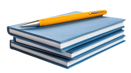 A stack of blue notebooks with a yellow pen isolated on white background