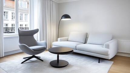 Minimalist living room showcases a grey sofa and rocking chair, with natural materials and a white carpet near a frosty window
