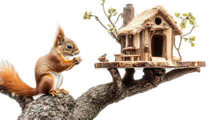 Obraz premium A squirrel is planning to build its dream tree isolated ob white background