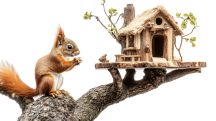 A squirrel is planning to build its dream tree  isolated ob white background