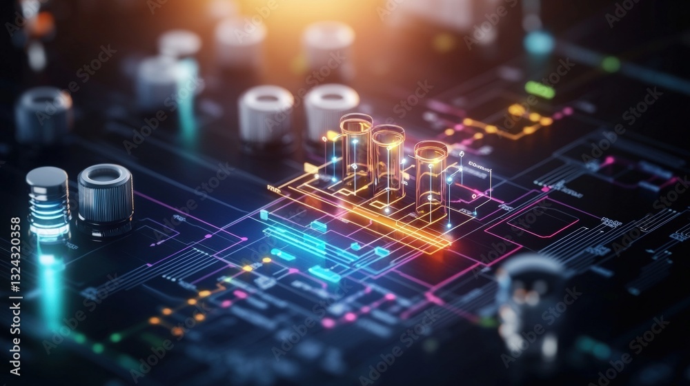 Poster a complex circuit diagram with colorful elements and background illustrating digital management conc