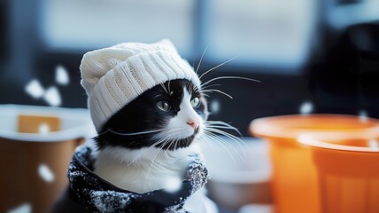 Black and white cat wearing a knitted beanie and scarf sitting at an outdoor caf&eacute; table in winter