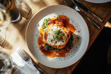 delicious gourmet dish with sauce and greens served on white plate at restaurant table in sunlight

