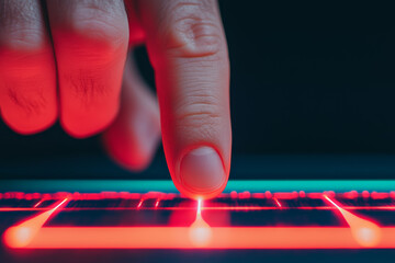 Close up finger touches pad with red electrical glow, futuristic interaction