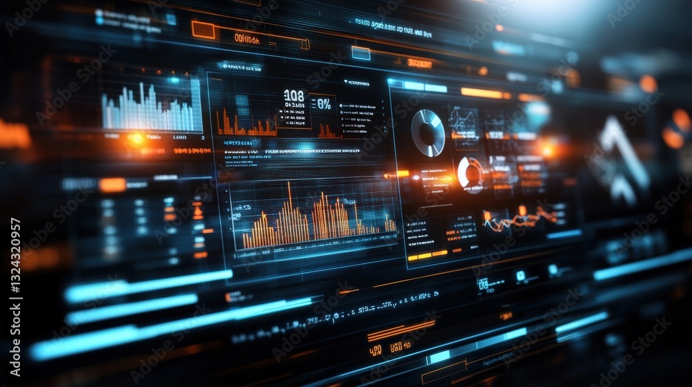 Poster computer screen featuring various business graphs and analytical data on a digital dashboard for str