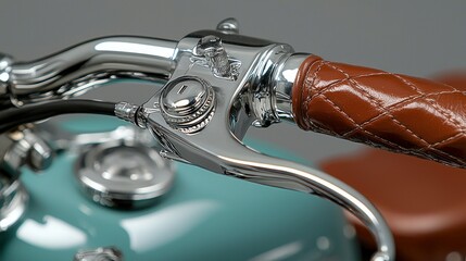 Motorcycle handlebar detail shiny chrome controls and brown stitched grip