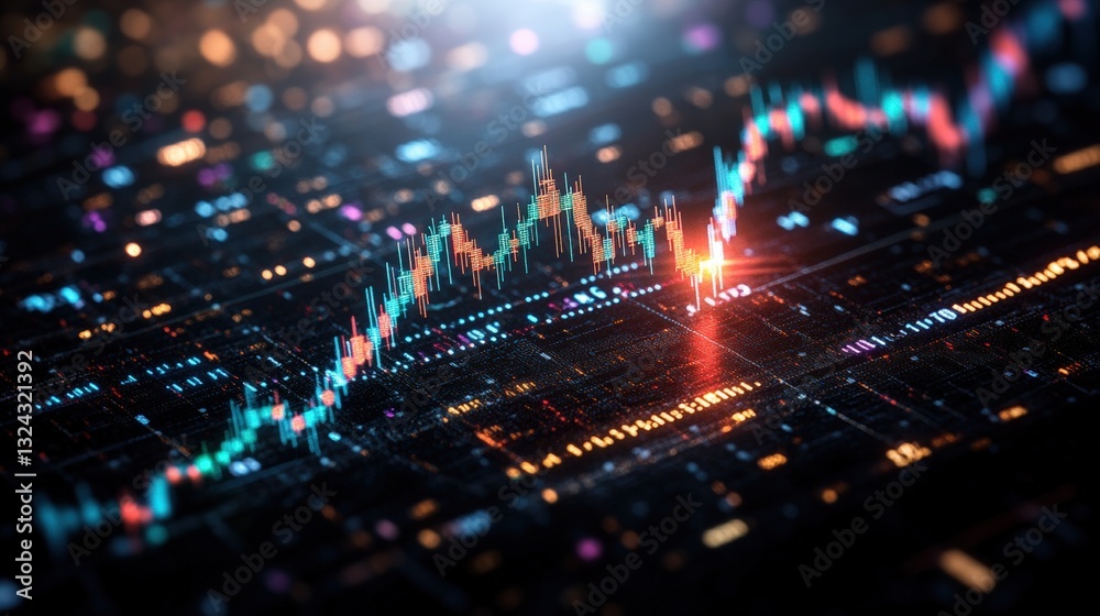 Poster eye-catching computer screen featuring a colorful display of financial data charts on a modern digit