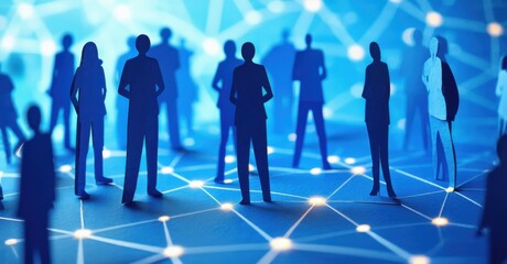 Paper cutout of people standing on nodes of digital network deep navy and bright blue symbolizing data driven connections