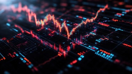 Dynamic stock market display featuring red and blue charts illustrating financial trends on a digital interface