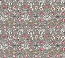 Seamless pattern. Beautiful pink blooming realistic isolated flowers. Vintage background William Morris Chamomile Roses wildflowers. Wallpaper. Drawing engraving. Vector victorian Illustration