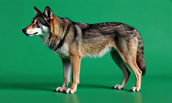 majestic wild wolf standing confidently against vibrant green screen background as its piercing eyes scan surroundings with quiet intensity