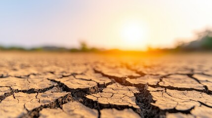 Obraz premium Heat Wave Danger Earth Concept, Scorched Dry Earth with Deep Cracks Under Bright Sunlight at Dusk in a Barren Landscape