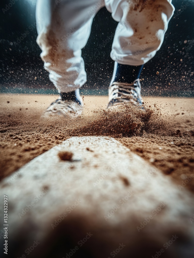 Poster dynamic sports performance visualization intense baseball action close-up with gritty texture, high-