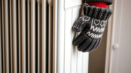 Hands in gloves on a radiator. Central heating radiator at home. A child in woolen gloves warms his hands near the heater