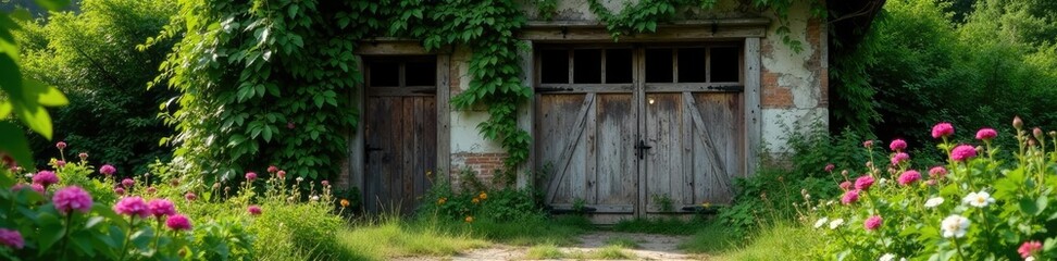 Dilapidated garage overgrown with vines and flowers, wooden door, flowers
