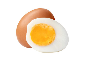 Front view of raw brown chicken eggs and cooked or boiled chicken egg with egg yolk in half in stack isolated with clipping path in png file format