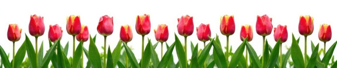 Fototapeta premium Field of tulips with green stems against white background, floral fields, stem details