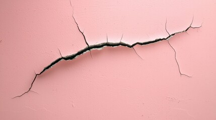 Cracked wall with black lines on pink surface, showcasing texture and depth. cracks create interesting visual contrast, evoking sense of wear and age