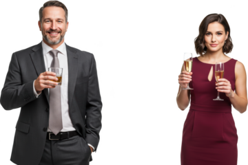 Elegant Man and Woman in Formal Attire Holding Drinks at a Party