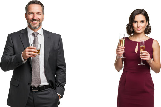 Elegant Man and Woman in Formal Attire Holding Drinks at a Party