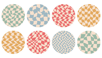 Groovy checkered pattern in round shape. Round avatars. Vintage wavy curved backdrop, distortion effect. Grid texture, retro background in 90s style, y2k.