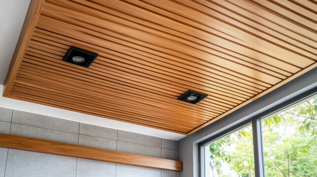 Close-up view of modern black spotlights illuminating a stylish wooden slat ceiling in a minimalistic gray wall setting