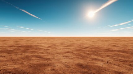 Heat Wave Danger Earth Concept, Expansive Plains Under Bright Sunlight Featuring Heat Haze and Cracked Earth Textures in a Clear Sky
