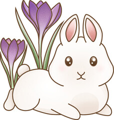 White bunny and purple flowers, colorful illustration