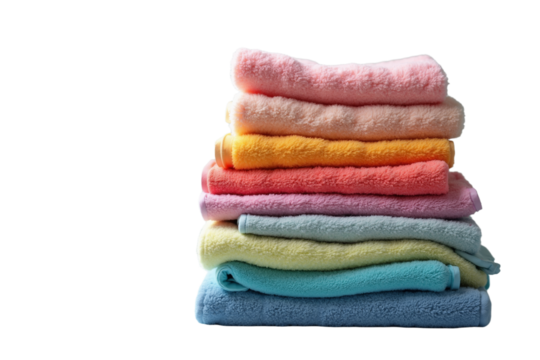 Soft plush bath towels stacked in various pastel colors with smooth textures and consistent shapes for home decor and towels storage