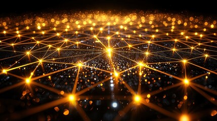 Fototapeta premium Network of glowing nodes connected by lines on dark background, bokeh lights