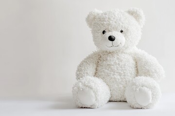 Obraz premium A cozy, fluffy white teddy bear sitting comfortably on a soft surface, exuding warmth and nostalgia isolated on transparent background