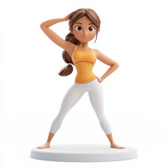 Tiny AI yoga instructor demonstrating a stretch, isolated on clear white background