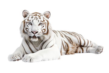 Majestic white tiger lounging gracefully against a pure white backdrop in serene tranquility isolated on transparent background