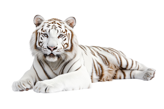 Majestic white tiger lounging gracefully against a pure white backdrop in serene tranquility isolated on transparent background