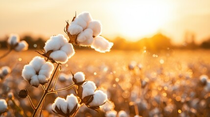 Golden Sunlight Casting Over Cotton Fields During Sunny Day at Dusk