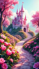 Lush pink castle gardens filled with gumdrop flowers and sparkling dew drops, gumdrops, flowers, enchanting