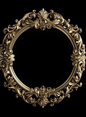 Ornate gold circular frame, isolated, black background, design element