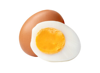 Front view of raw brown chicken eggs and cooked or boiled chicken egg with egg yolk in half in stack isolated on white background with clipping path